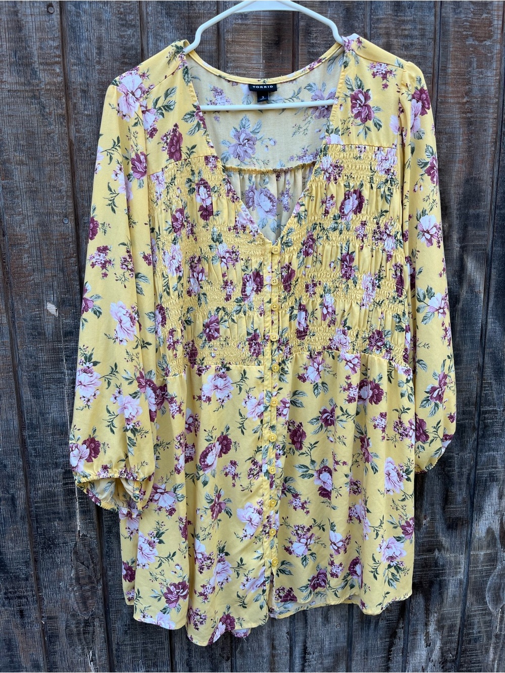 Torrid Yellow Floral Smoked Button up Blouse, Size 3 (3X), 3/4 Sleeve